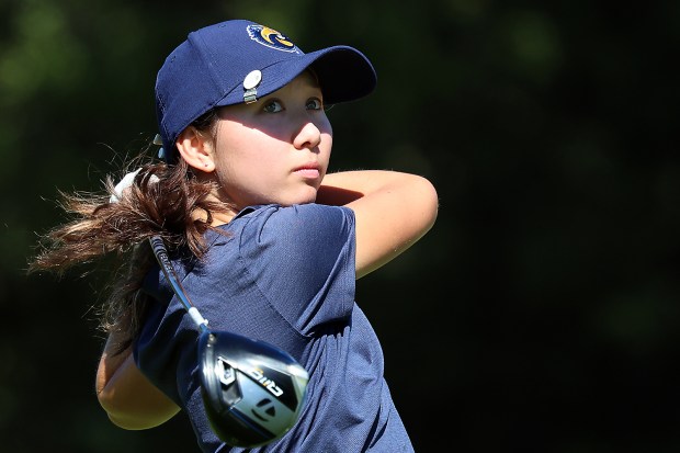 UC Santa Cruz's Samantha Shaw watches her tee shot on the seventh hole during the first round of the inaugural Hollins Cup at Pasatiempo Golf Club on Sunday. (Shmuel Thaler - Santa Cruz Sentinel)