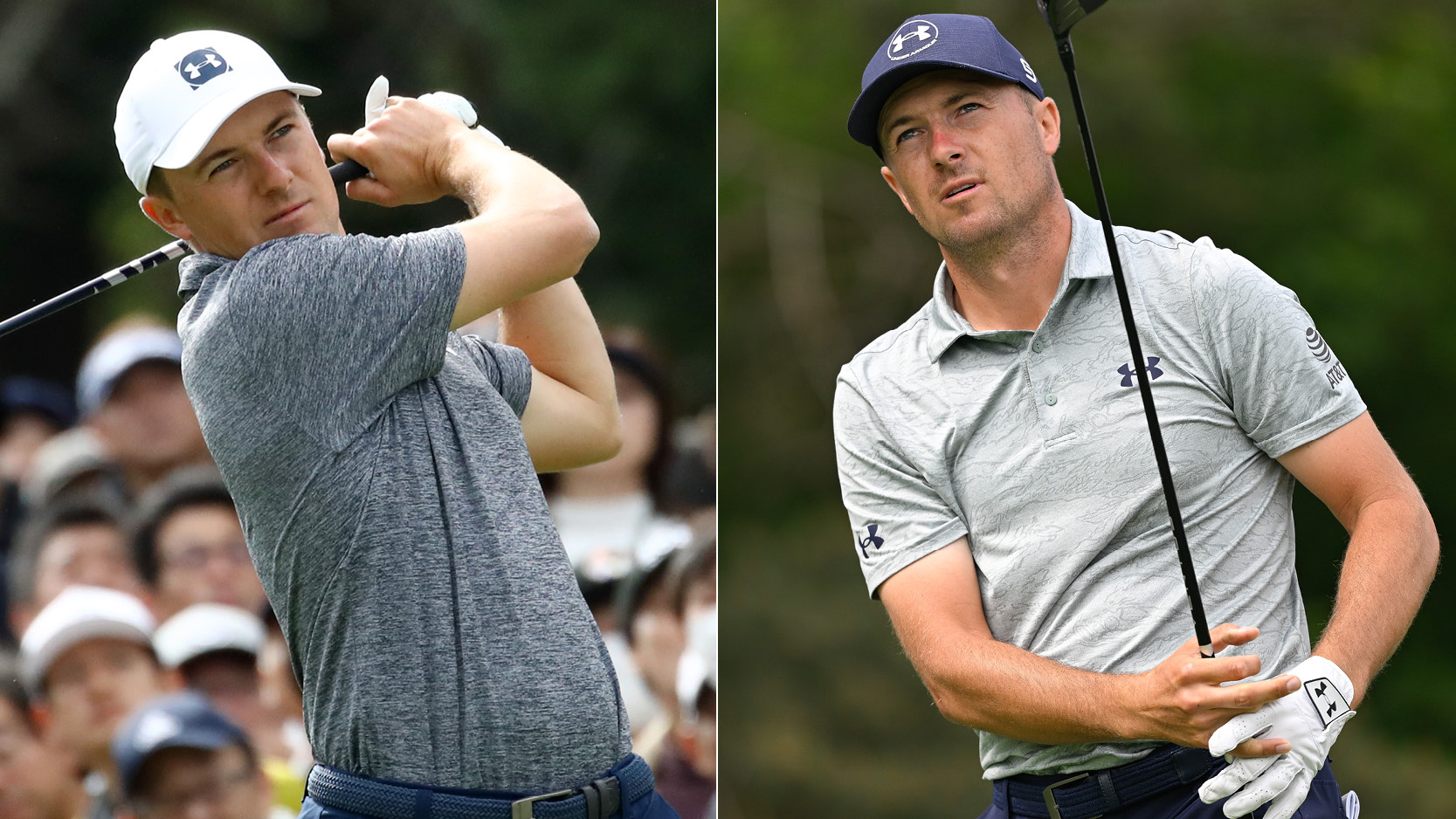 Jordan Spieth hits a driver in 2019 and 2025