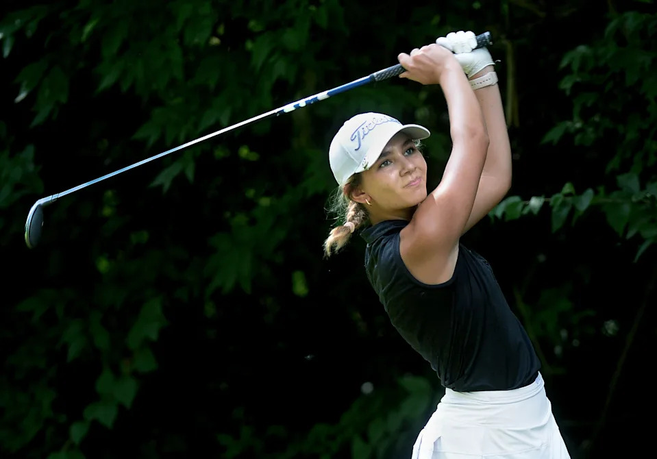 Natalie Zak tees off on the 16th green during the Drysdale Junior Golf Tournament at Bunn Golf Course Thursday, July 17, 2025.