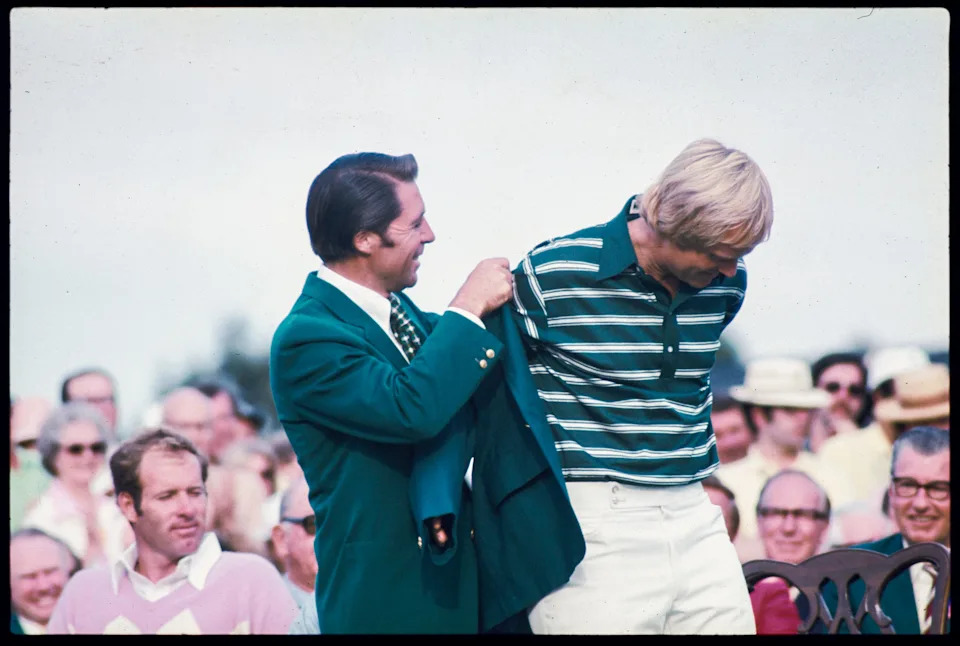 04/13/1975; Augusta, Georgia, USA; Gary Player presents Jack Nicklaus with green jacket after winning the 1975 Masters at the Augusta National Golf Course during the 1975 Masters. Mandatory Credit: File Photo -The Augusta Chronicle via USA TODAY NETWORK