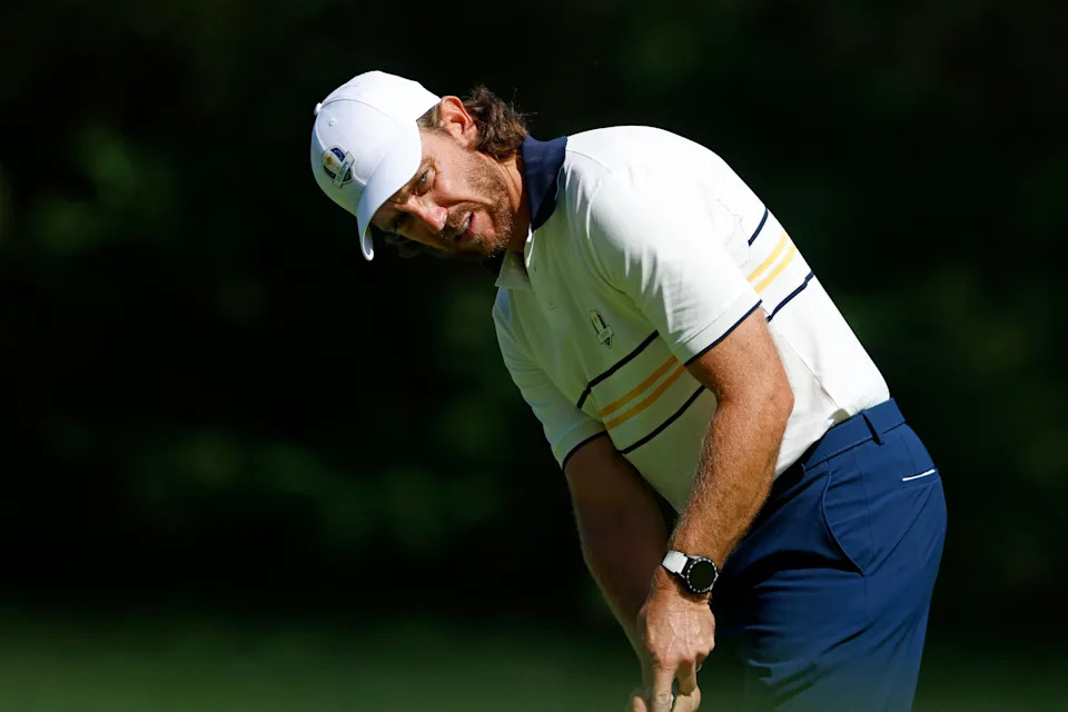 Sep 28, 2025; Bethpage, New York, USA; Team Europe golfer Tommy Fleetwood plays on the third hole on the final day of competition for the Ryder Cup at Bethpage Black. Mandatory Credit: Peter Casey-Imagn Images