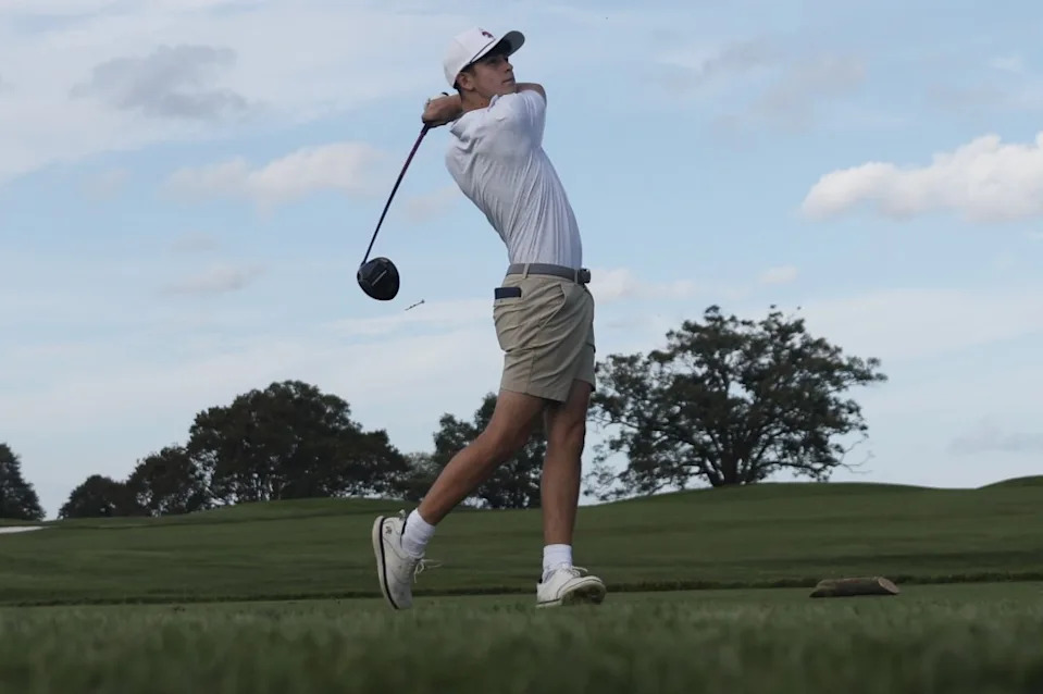 Jonah Benson tees off during practice for Cold Spring Harbor high school varsity golf at Huntington Country Club in Cold Spring Harbor. Heather Khalifa for New York Post