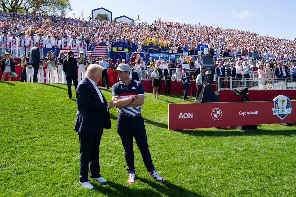 FARMINGDALE, NY - SEPTEMBER 26: President of the United States Donald Trump and Team United States Captain Keegan Bradley speak on the first hole tee box during the 2025 Ryder Cup on the Black Course at Bethpage State Park on Friday, September 26, 2025 in Farmingdale, New York. (Photo by Darren Carroll/PGA of America via Getty Images)