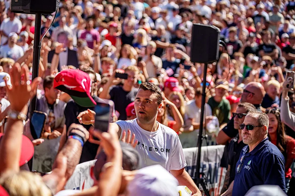 Charlie Kirk at Utah Valley University on September 10, 2025. / The Salt Lake Tribune / Getty Images