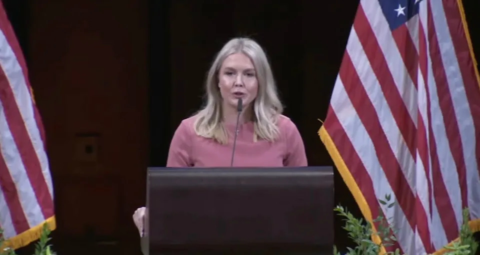 Karoline Leavitt talks about her friend at Charlie Kirk's Kennedy Center Vigil. / screen grab