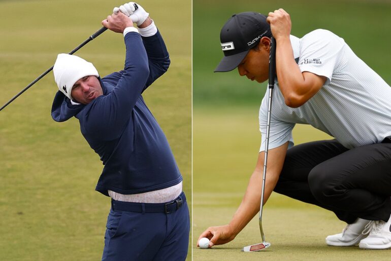 Brooks Kopeka hits a 3-iron, Justin Suh lines up a putt
