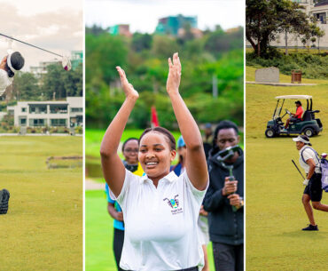 split image of Ishimwe playing golf and carrying her equipment