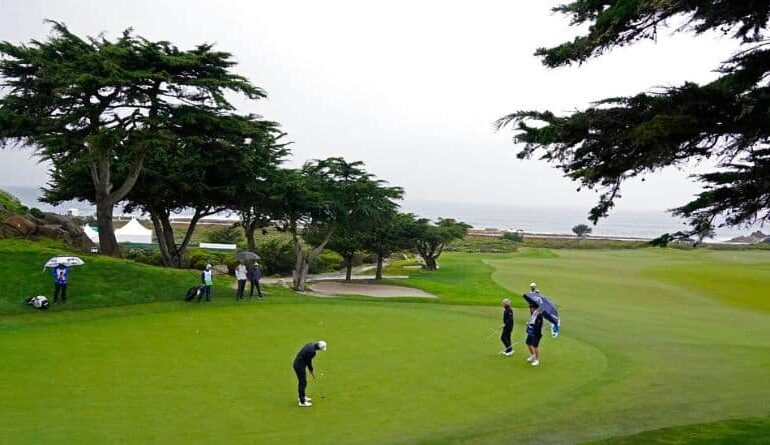 Viktor Hovland, of Norway, putts on the 10th green of the Monterey Peninsula Country Club Shore Course during the second round of the AT&T Pebble Beach Pro-Am golf tournament in Pebble Beach, Calif., Friday, Feb. 3, 2023. (AP Photo/Eric Risberg)