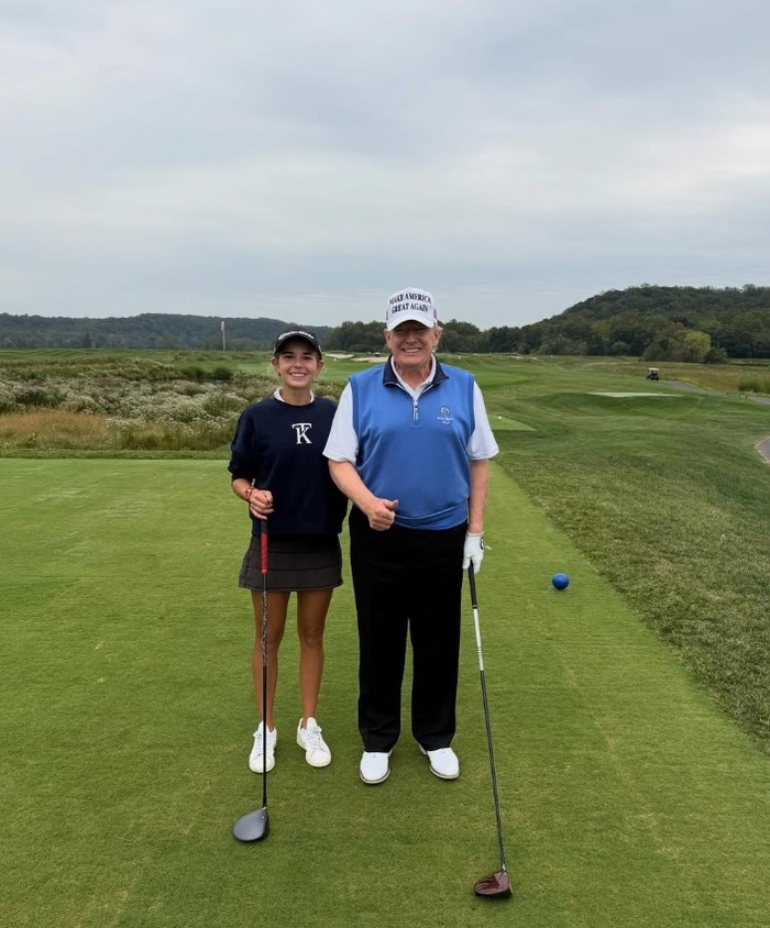 U.S. President Donald Trump (right) and his granddaughter Kai Trump are taking a photo before the round. Kai Trump's Instagram