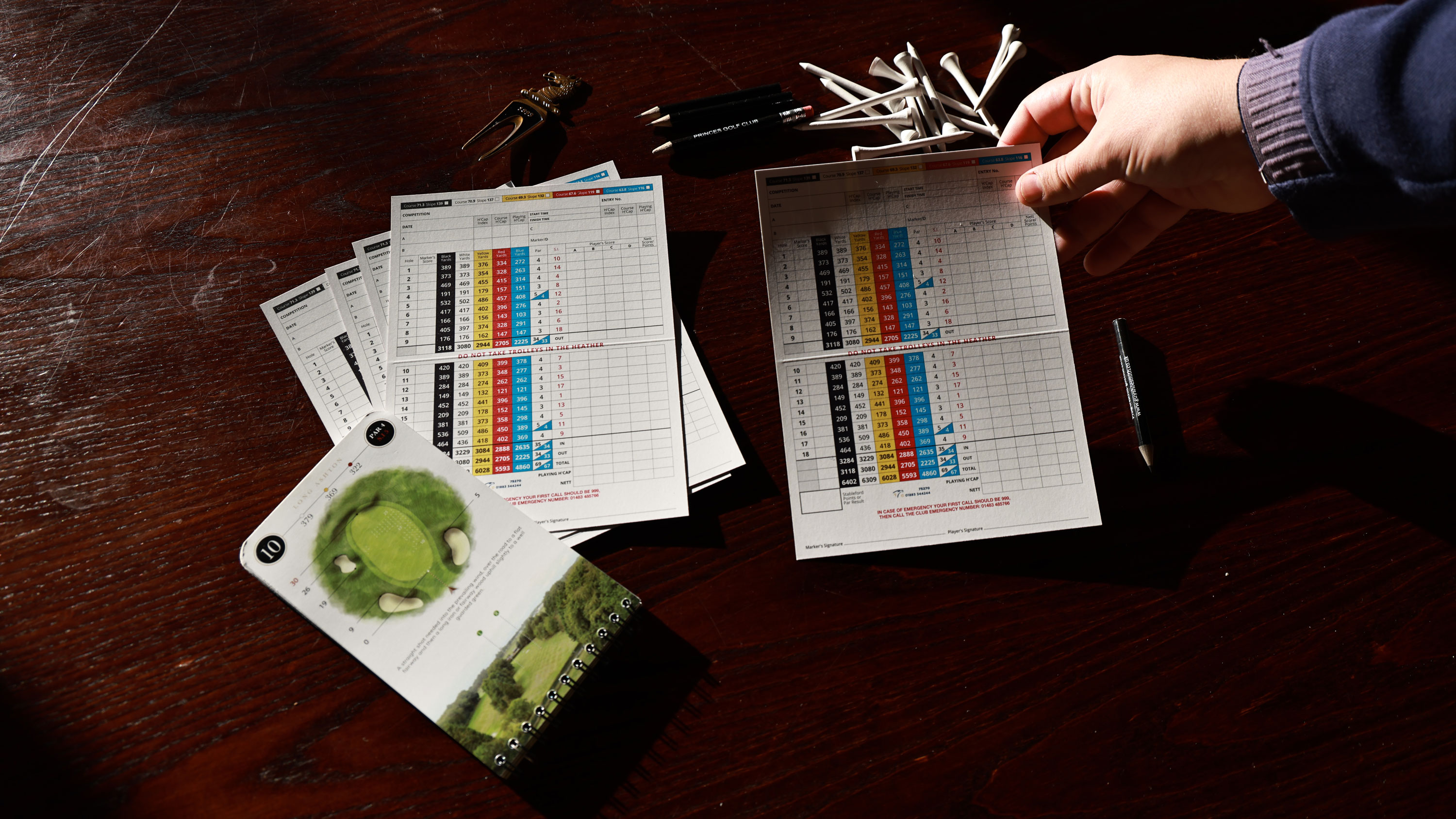 A hand reaching to pick up a golf scorecard