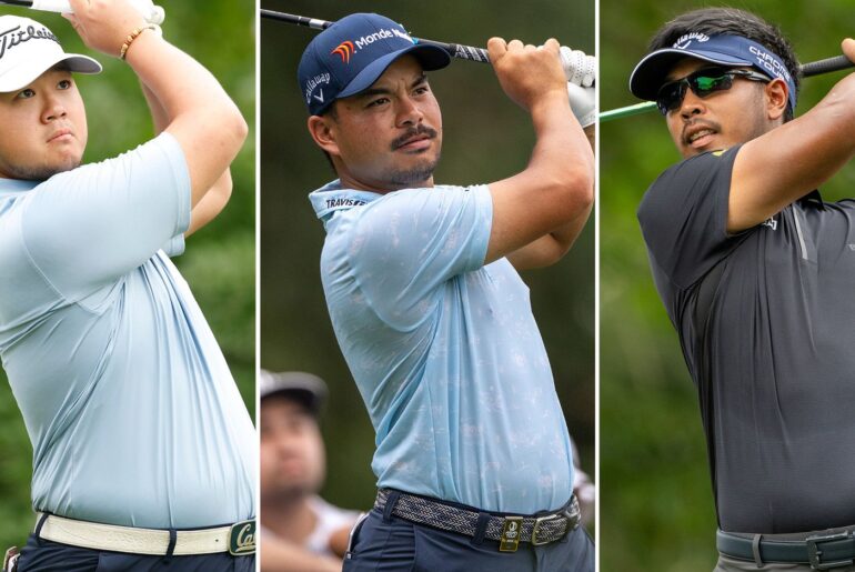 Exciting Finish In Store At International Series Philippines As Three Players Share The Lead Going Into Final Round Sampson Zheng, Miguel Tabuena and Sarit Suwannarut hit golf shots