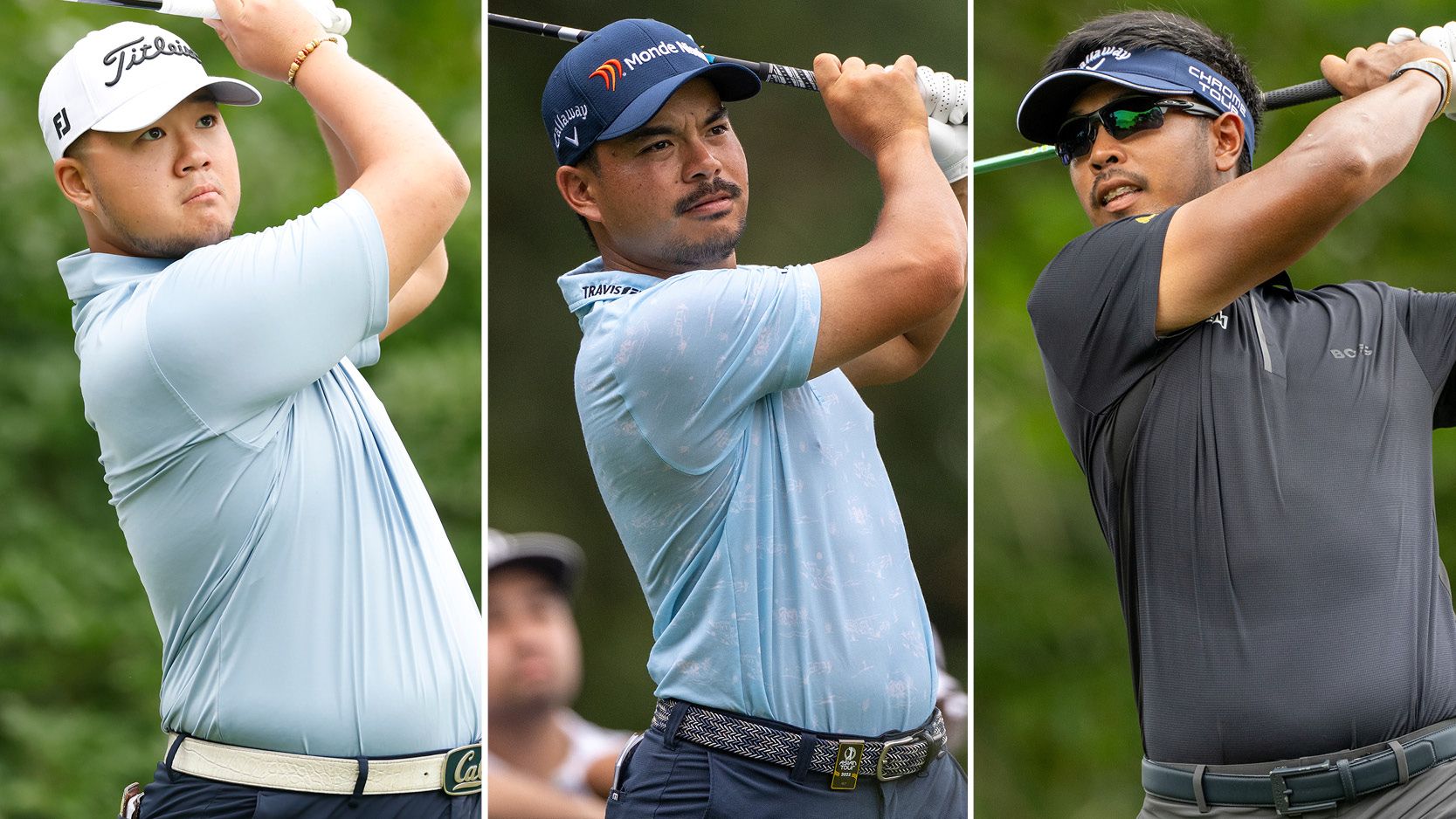 Exciting Finish In Store At International Series Philippines As Three Players Share The Lead Going Into Final Round Sampson Zheng, Miguel Tabuena and Sarit Suwannarut hit golf shots