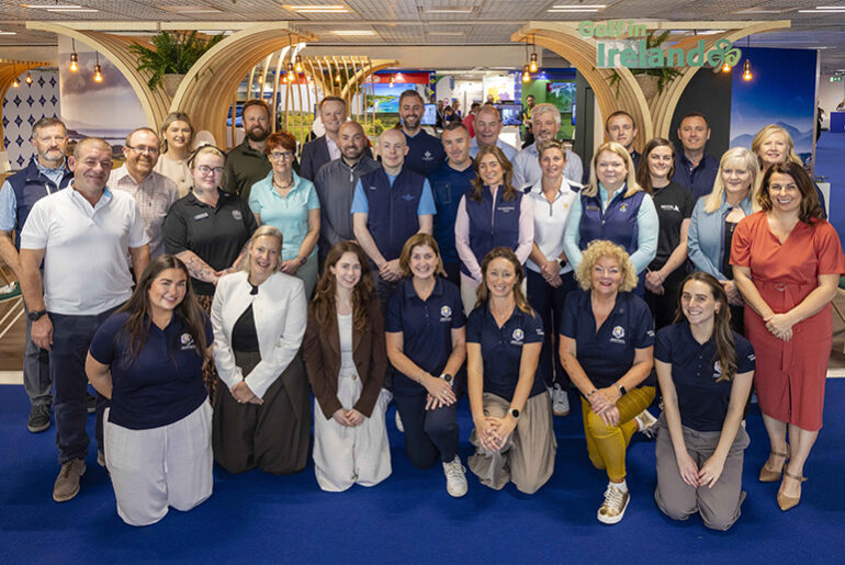 ‘Driving’ golf tourism for Ireland at International Golf Travel Market in France Group of people posing indoors at an event with a