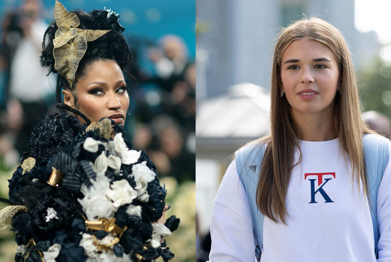 Nicki Minaj Shares TikTok of Trump’s Granddaughter Dancin… (L) Nicki Minaj attends the 2025 Met Gala Celebrating "Superfine: Tailoring Black Style" at Metropolitan Museum of Art on May 05, 2025 in New York City. (R) U.S. President Donald Trump's granddaughter Kai Trump departs the White House on September 26, 2025 in Washington, DC.