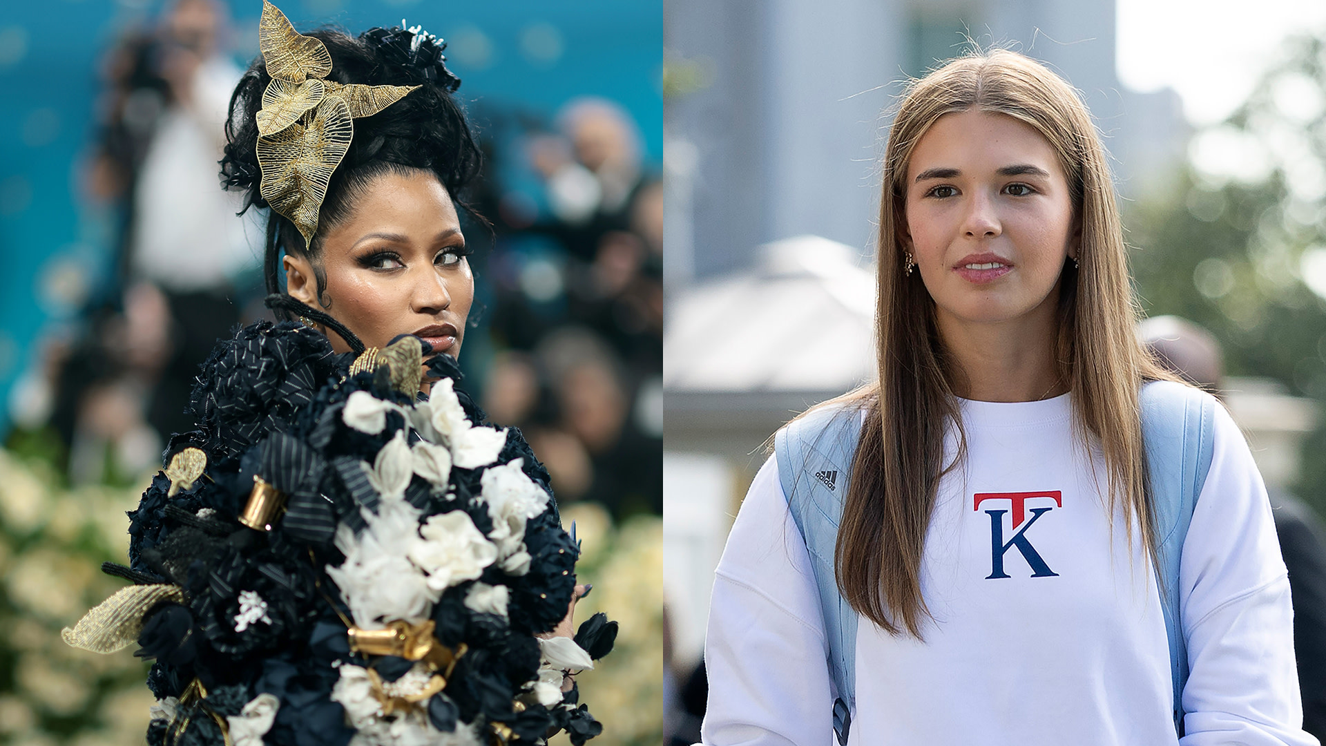 Nicki Minaj Shares TikTok of Trump’s Granddaughter Dancin… (L) Nicki Minaj attends the 2025 Met Gala Celebrating "Superfine: Tailoring Black Style" at Metropolitan Museum of Art on May 05, 2025 in New York City. (R) U.S. President Donald Trump's granddaughter Kai Trump departs the White House on September 26, 2025 in Washington, DC.