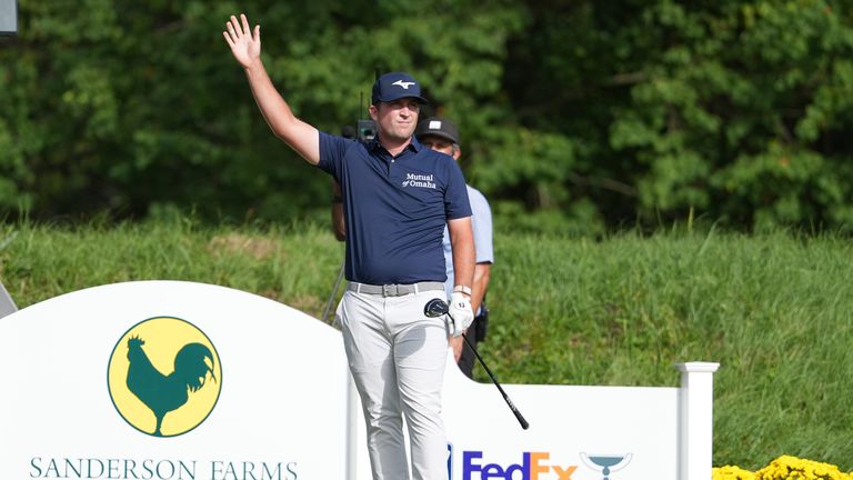 Steven Fisk uses some body English to urge on his drive from the No. 15 tee during the fourth round of the Sanderson Farms Championship golf tournament, Sunday, Oct. 5, 2025, in Jackson, Miss. (AP Photo/Rogelio V. Solis)