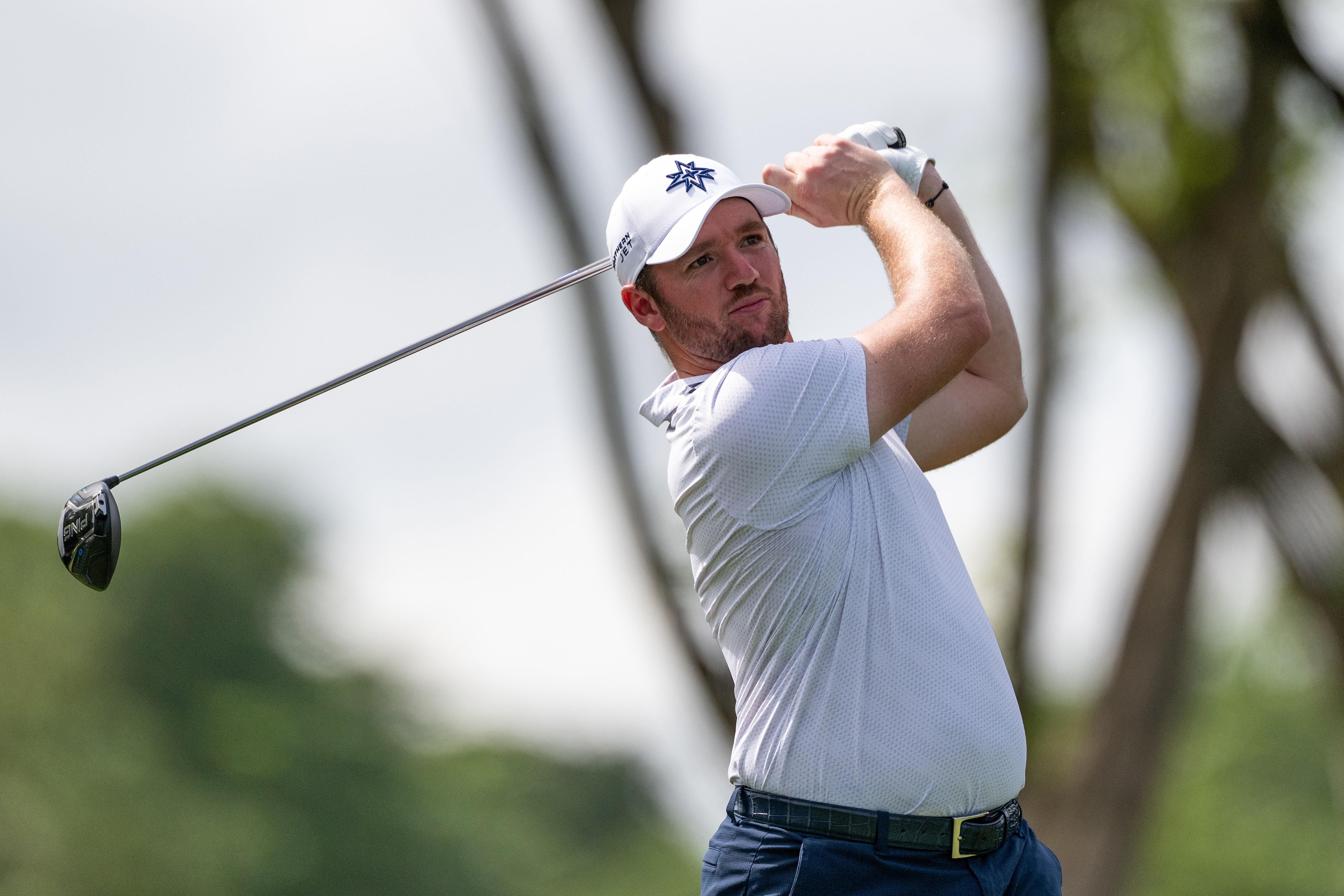 Sam Horsfield holds his finish on a drive
