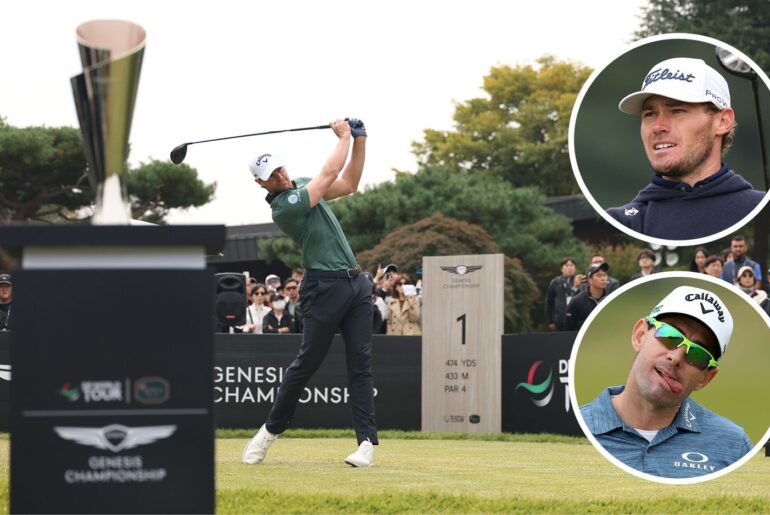 Which Players Kept Or Lost DP World Tour Cards In 2025? Main image of Thomas Detry teeing off from the first hole at the 2025 Genesis Championship with the trophy in the foreground plus inset images of Jordan Gumberg (top right) and Dylan Frittelli (bottom right)