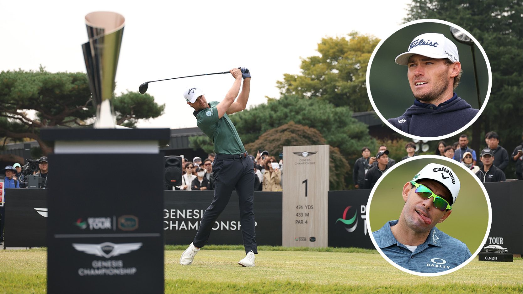Which Players Kept Or Lost DP World Tour Cards In 2025? Main image of Thomas Detry teeing off from the first hole at the 2025 Genesis Championship with the trophy in the foreground plus inset images of Jordan Gumberg (top right) and Dylan Frittelli (bottom right)
