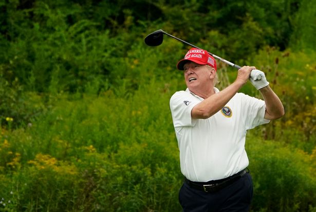  Former US President and 2024 Presidential hopeful Donald Trump plays golf during the Official Pro-Am Tournament ahead of the LIV Golf Invitational Series event at Trump National Golf Club Bedminster in Bedminster, New Jersey, on August 10, 2023. 