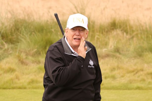 US President Donald Trump after hitting the first shot at the opening ceremony of the Trump International Golf Links Aberdeen golf course near Aberdeen, Scotland, on Tuesday, July 29, 2025.  