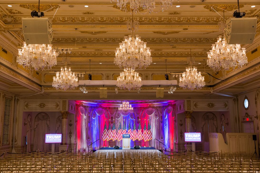 The ballroom at Mar-A-Lago, decorated for Trump to speak after he won the 2016 Florida primary.