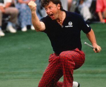 Champ: Ian celebrates winning the 1991 US Masters at the famous Augusta National course