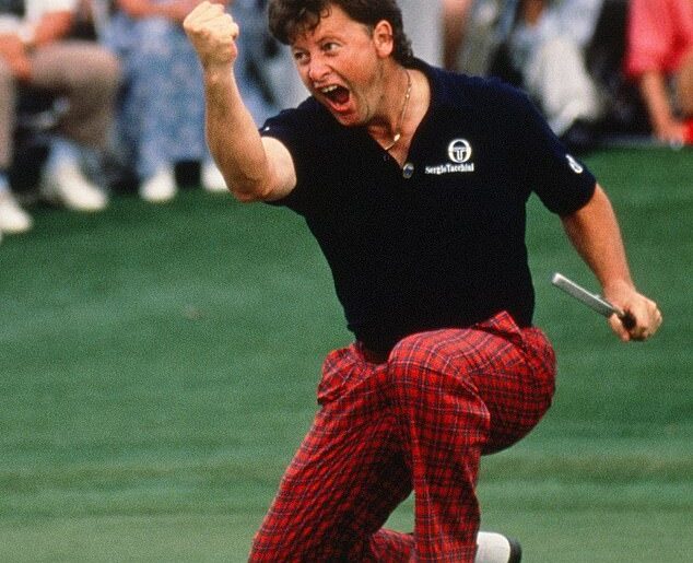 Champ: Ian celebrates winning the 1991 US Masters at the famous Augusta National course