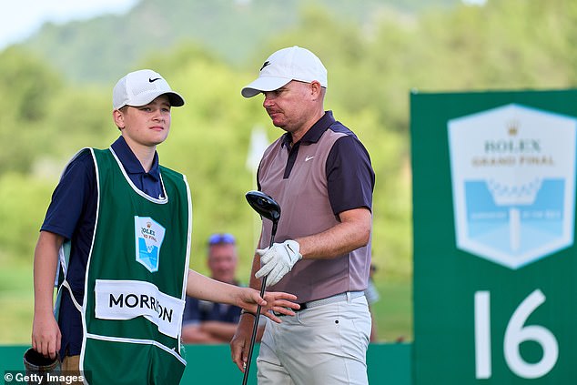 Heartwarming scenes erupted on the 18th green on Sunday as Morrison and his son and caddie Finley (left and right) celebrated the epic victory