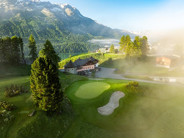 The hotel is nestled in the heart of St Moritz and boasts its own stunning nine-hole golf course