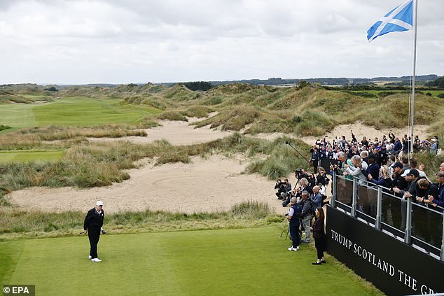 The President jetted in on Air Force One for a private visit to his course at the Menie Estate in July