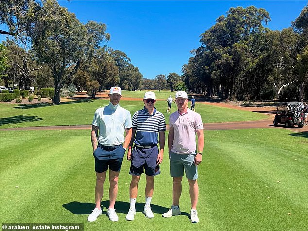 Stokes (pictured left next to top-order batter Ollie Pope and back-up batter Jordan Cox, right) all played a round of golf together at one of Australia's most picturesque courses