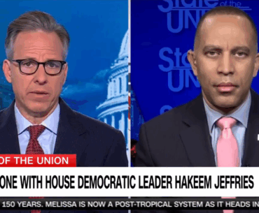 Jake Tapper (left) and Leader Jeffries (right) appearing on CNN's State of the Union