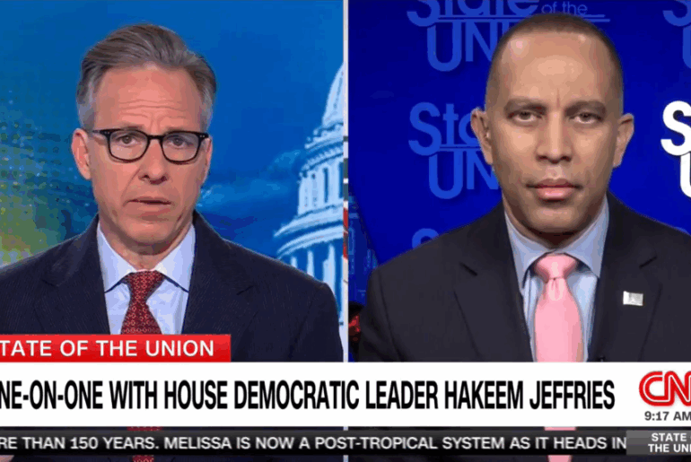 Jake Tapper (left) and Leader Jeffries (right) appearing on CNN's State of the Union