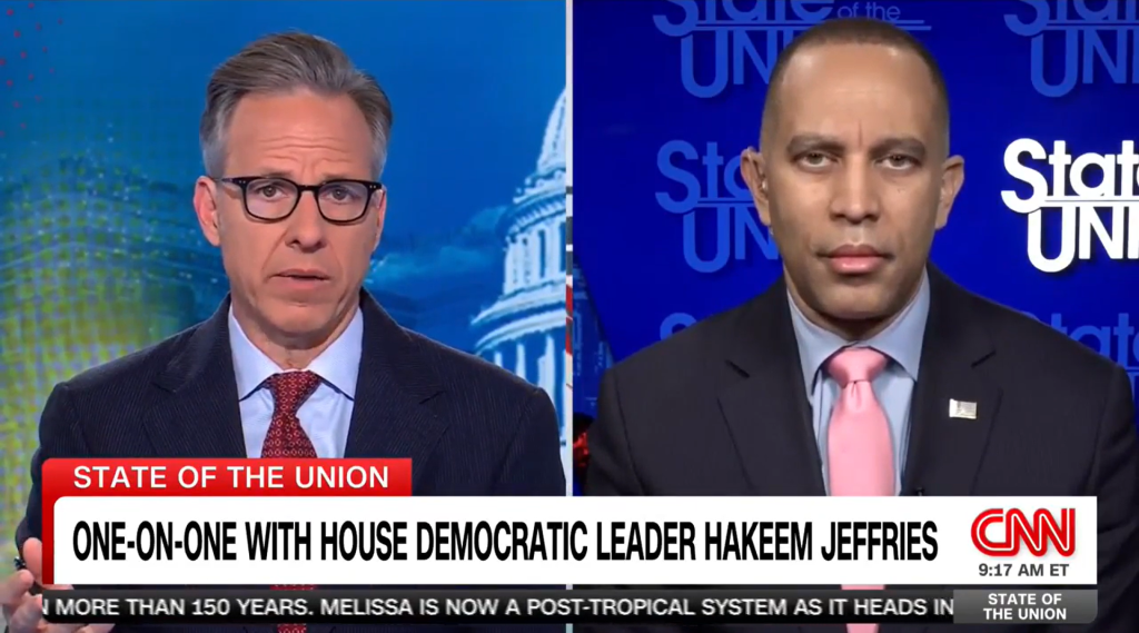 “WHY HAS DONALD TRUMP SPENT MORE TIMEON THE GOLF COURSE THAN HE HAS IN TALKING TO DEMOCRATS?” – Congressman Hakeem Jeffries Jake Tapper (left) and Leader Jeffries (right) appearing on CNN's State of the Union