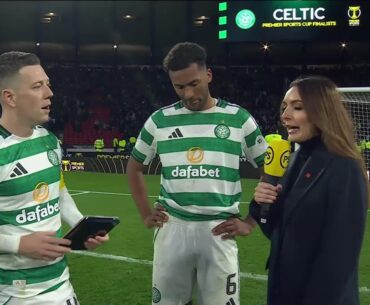 Celtic's Callum McGregor and Auston Trusty react to Premier Sports Cup Semi-Final win over Rangers