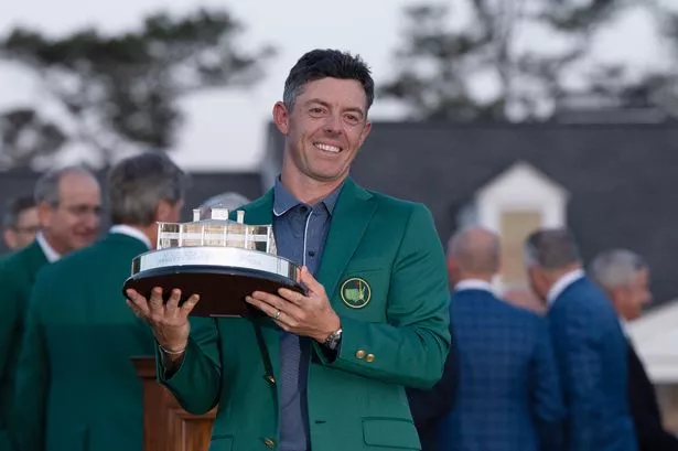 Golf: The Masters: Rory McIlroy victorious with the Masters Trophy after winning sudden death playoff round to win the tournament on Sunday at Augusta National. McIlroy holding the Masters Trophy.
Augusta, GA 4/13/2025
CREDIT: Erick W. Rasco (Photo by Erick W. Rasco/Sports Illustrated via Getty Images) 
(Set Number: X164712 TK4 )