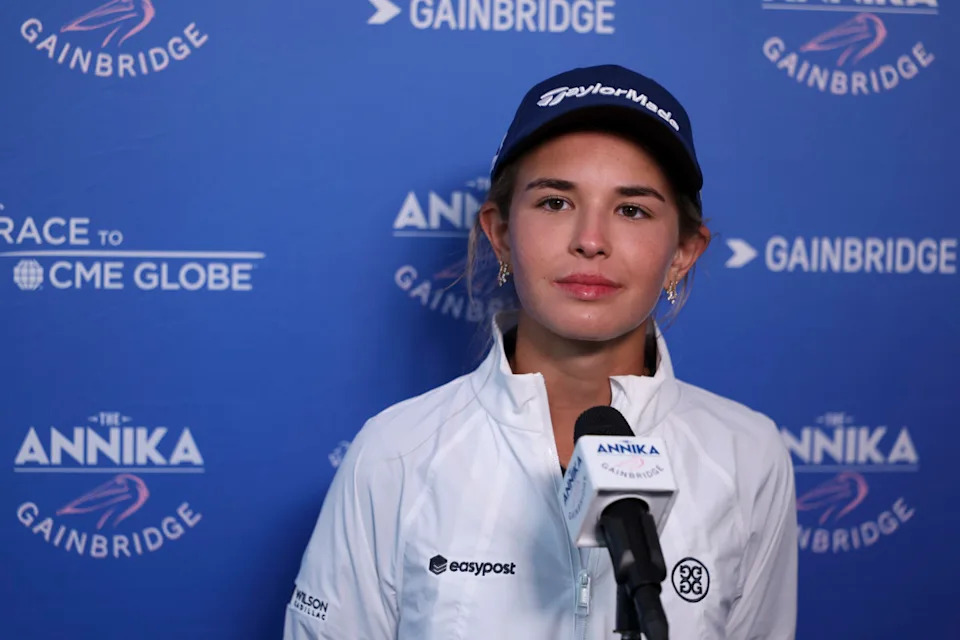 Nov 13, 2025; Belleair, Florida, USA; Kai Trump talks to media after the first round of The ANNIKA golf tournament at Pelican Golf Club. Mandatory Credit: Nathan Ray Seebeck-Imagn Images