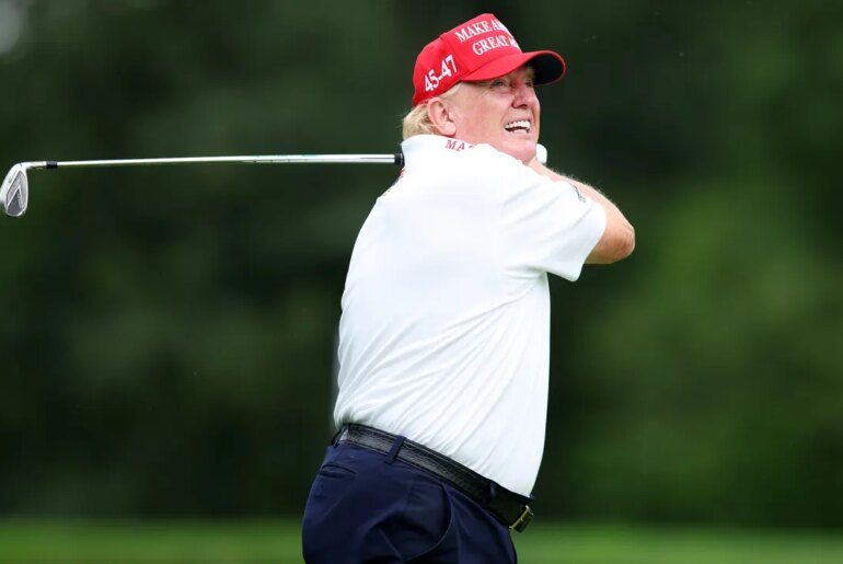 Trump sinks chip shot in viral golf video after claiming 38 golf championships