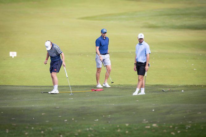 English cricketers Ollie Pope, Joe Root and Harry Brook at Joondalup Counrty Club Golf Course.