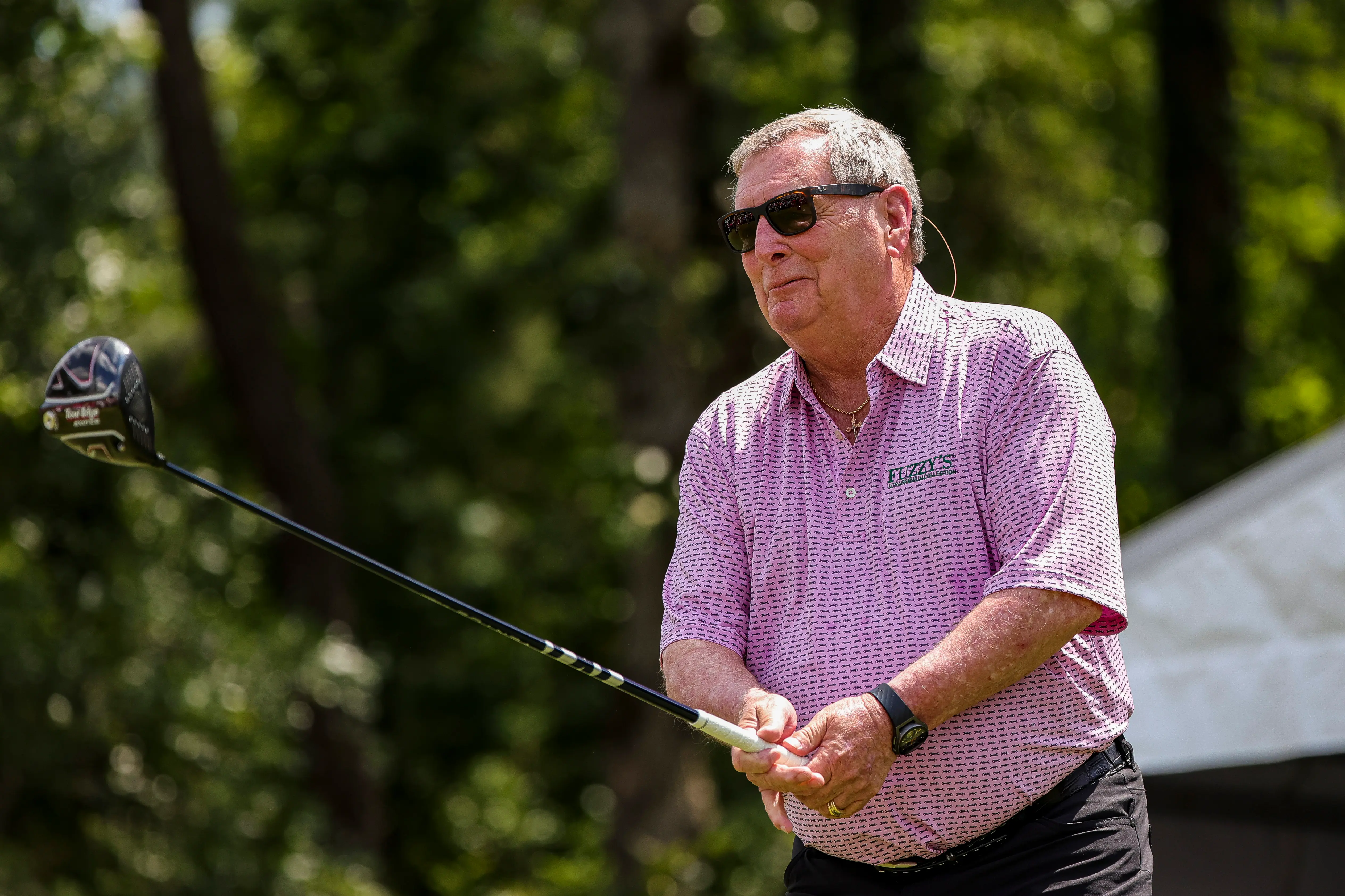 THE WOODLANDS, TEXAS - APRIL 30: Fuzzy Zoeller of the United States tees off on the 10th hole during the Greats of Golf competition at the Insperity Invitational at The Woodlands Golf Club on April 30, 2022 in The Woodlands, Texas. (Photo by Logan Riely/Getty Images)