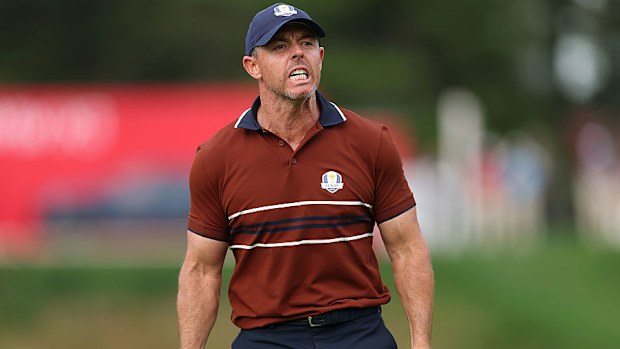 Rory McIlroy of Team Europe reacts.