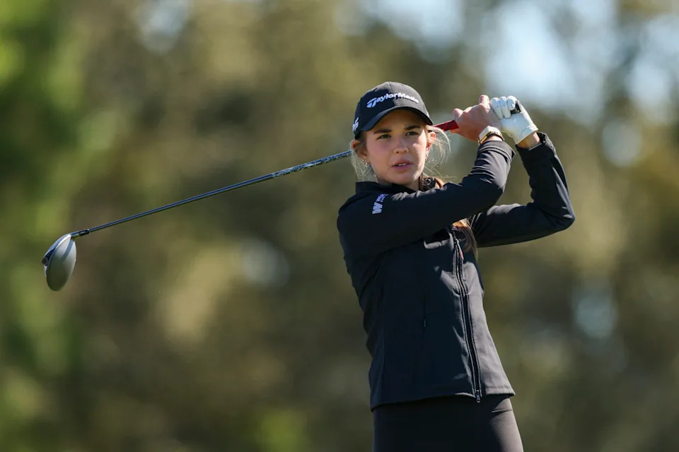 Nov 12, 2025; Belleair, Florida, USA; Kai Trump plays in the Annika Pro-Am golf tournament at Pelican Golf Club. Mandatory Credit: Nathan Ray Seebeck-Imagn Images
