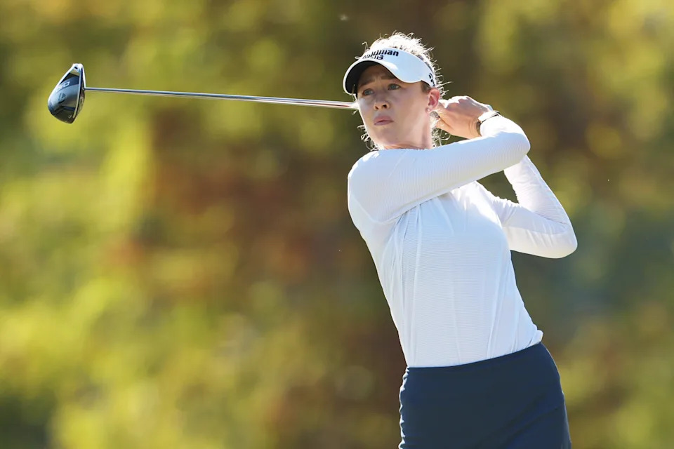 Nelly Korda of the United States plays a shot from the third tee during the second round of the CME Group Tour Championship 2025 at Tiburon Golf Club on November 21, 2025 in Naples, Florida.