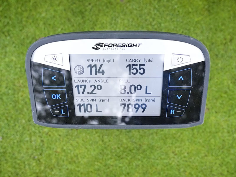 A picture of the screen of a Foresight Sports GC3 launch monitor showing carry distance.