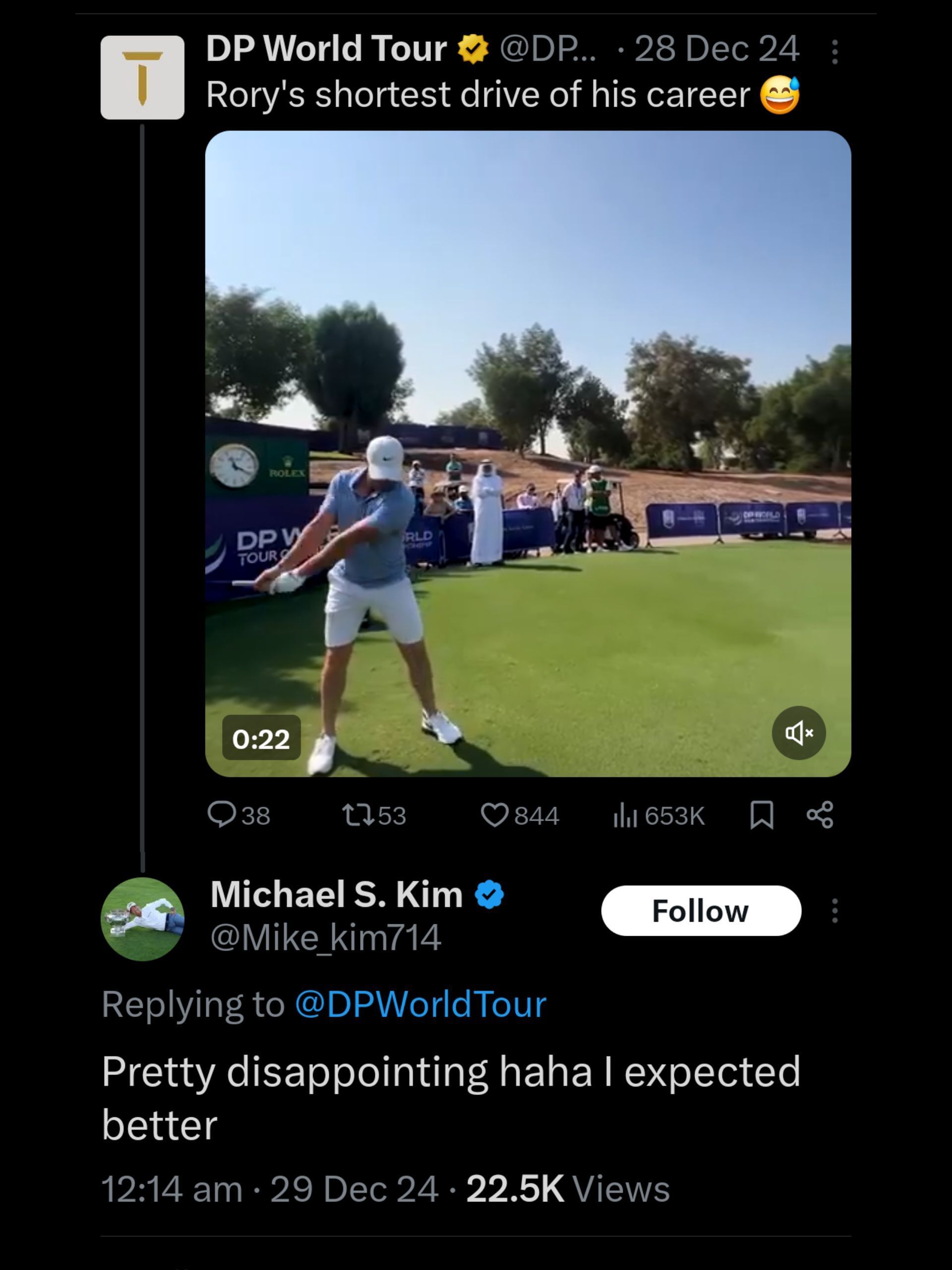 Kim's comment below DP World Tour's post / Source: @Mike_kim714 on X