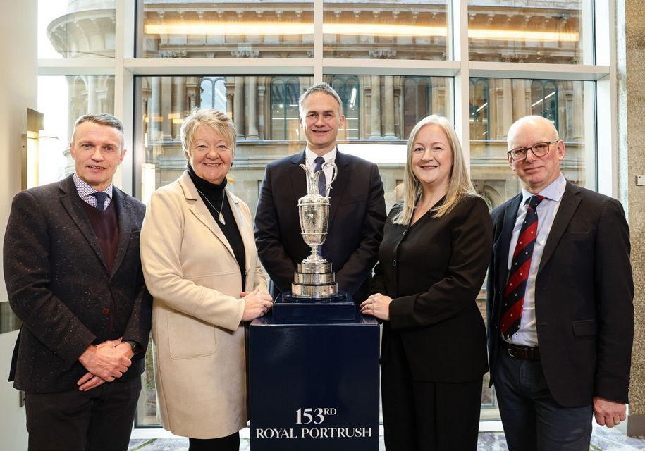 David Jackson, CEO of Causeway Coast and Glens District Council; Ellvena Graham. Chair of Tourism NI; Johnnie Cole-Hamilton, Chief Championships Officer at The R&A; David McMullan; deputy chair of the championships committee at Royal Portrush Golf Club; Aine Kearney, Director of Events at Tourism NI