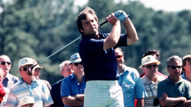 Fuzzy Zoeller watches his shot during the 1979 Masters Tournament.