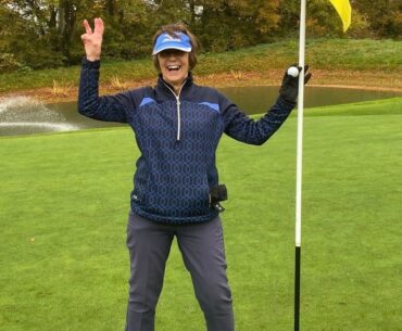 Lyn Parry with the ball after her third hole-in-one in the month