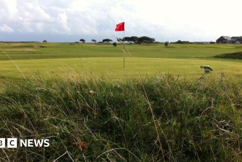 Golf course with red flag standing in hole and long grass bordering the fairway.